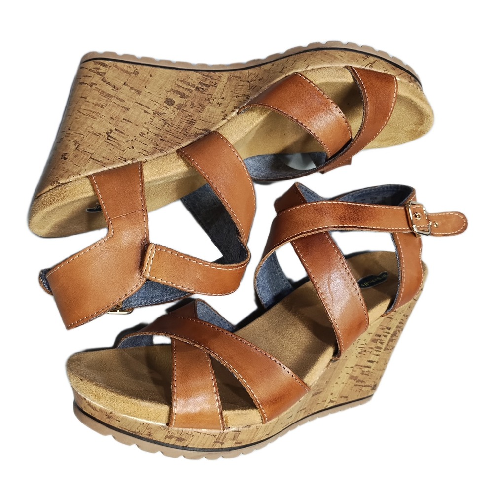 Dr. Scholl's Savory Wedge Sandals Womens Size 9M Brown Leather Ankle Strap EUC